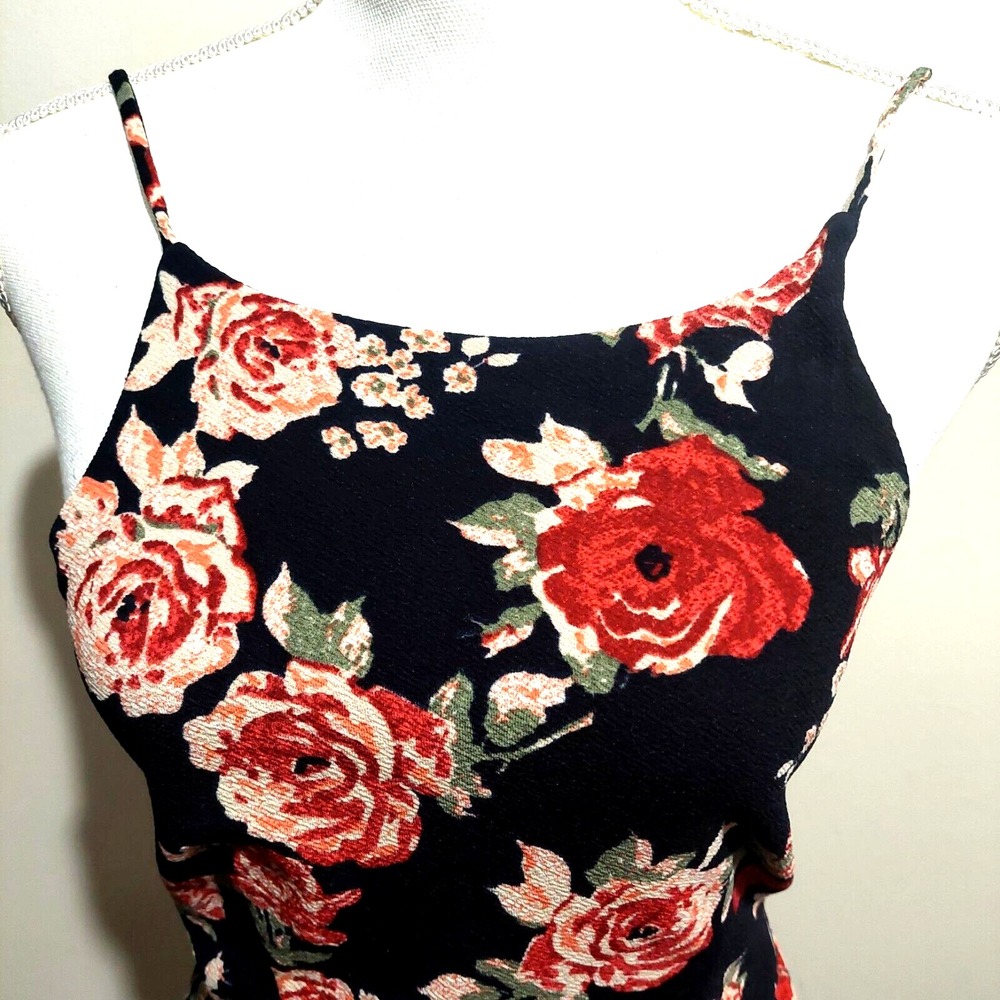 C Womens Small Black Floral Mini Dress Fit & Flare Spaghetti Straps Zipper - Picture 2 of 7